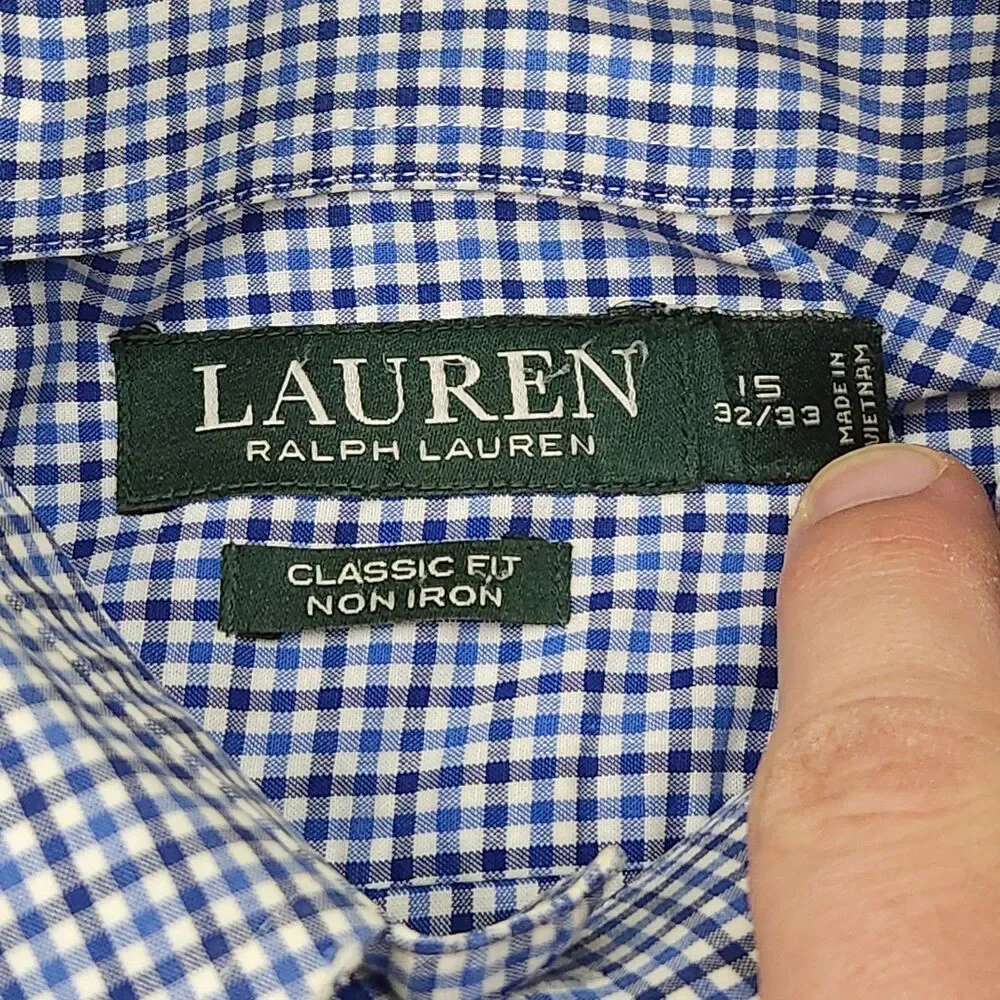 Lauren Ralph Lauren Button Down Dress Shirt Men's 15 32/33 Blue Gingham Non-Iron